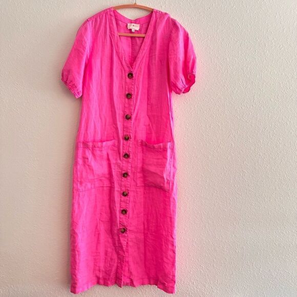 Lou & Grey 100% Linen Pocket Midi Dress Bubblegum Pink size small oversized - Picture 1 of 5